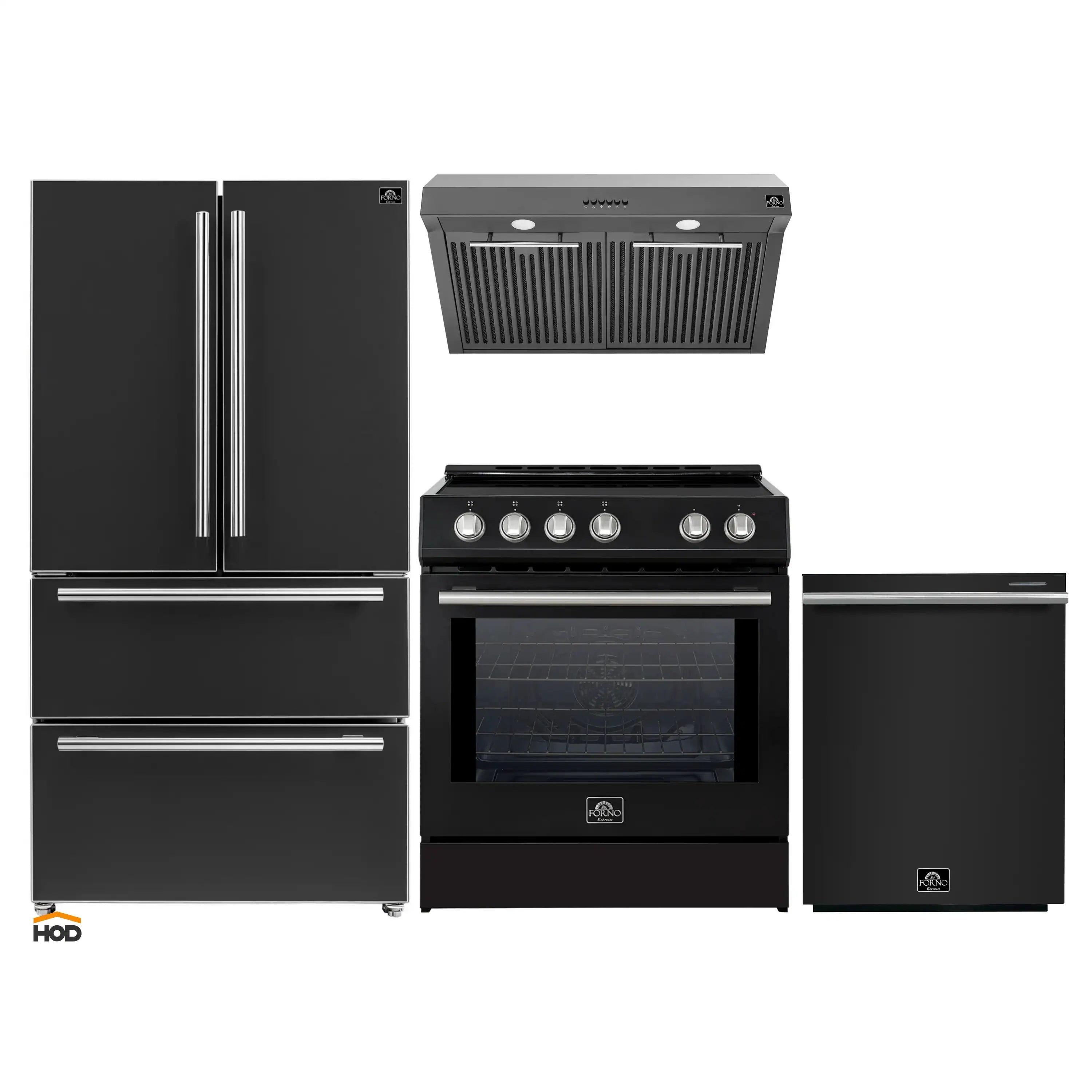 Black 4-piece appliance package with stainless trim: fridge, oven, hood, dishwasher