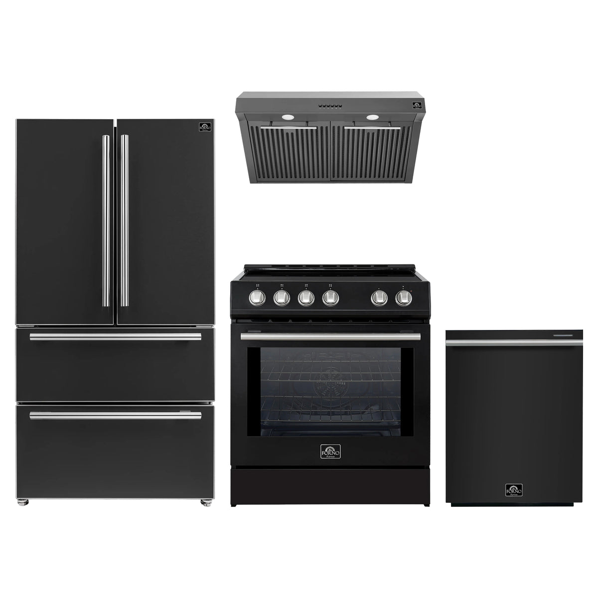 Forno 4-Piece Appliance Package - 30-Inch Induction Range, Under Cabinet Range Hood, French Door Refrigerator, and Dishwasher in Black with Stainless Steel Trim