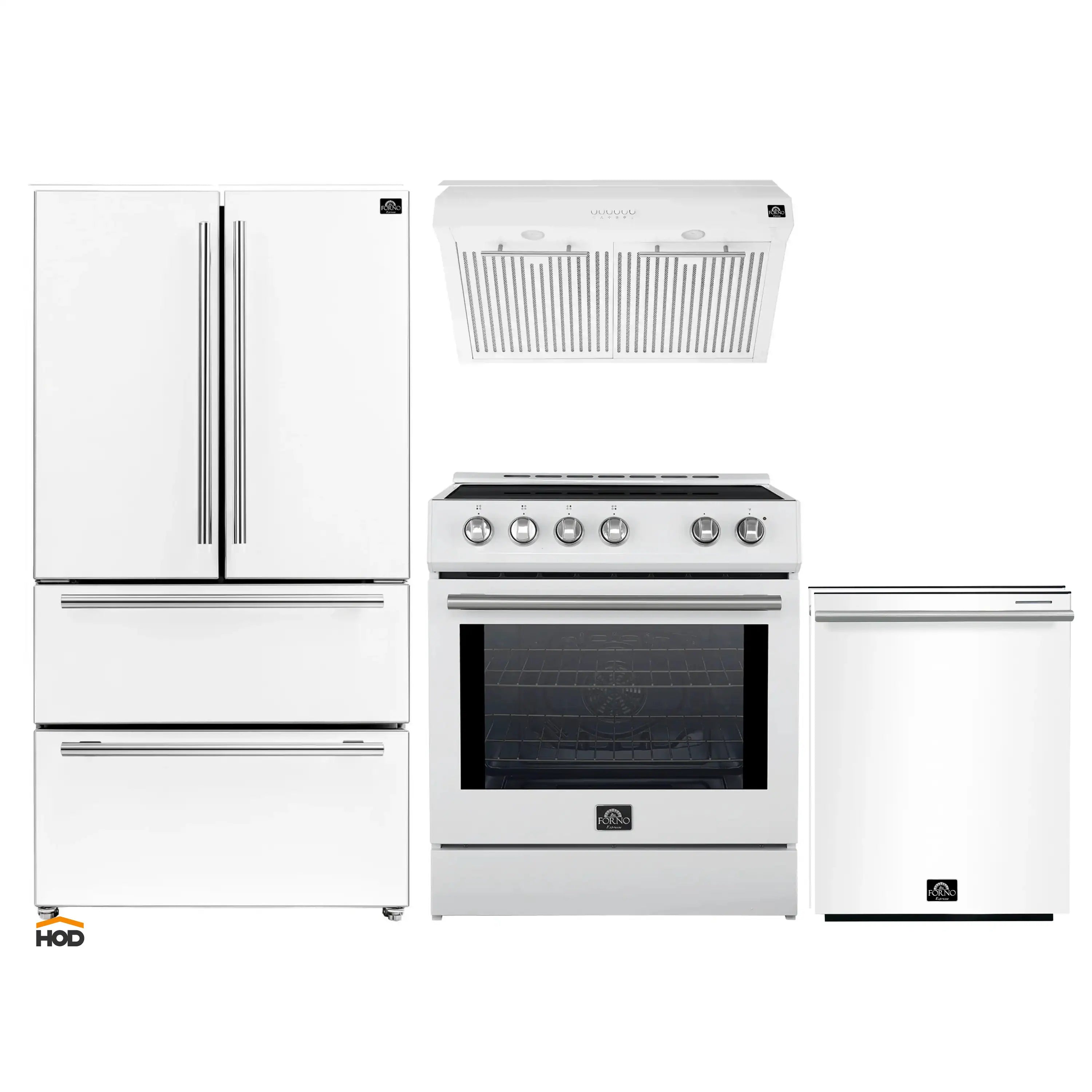 White kitchen appliance set with French-door refrigerator, range, and under-cabinet hood