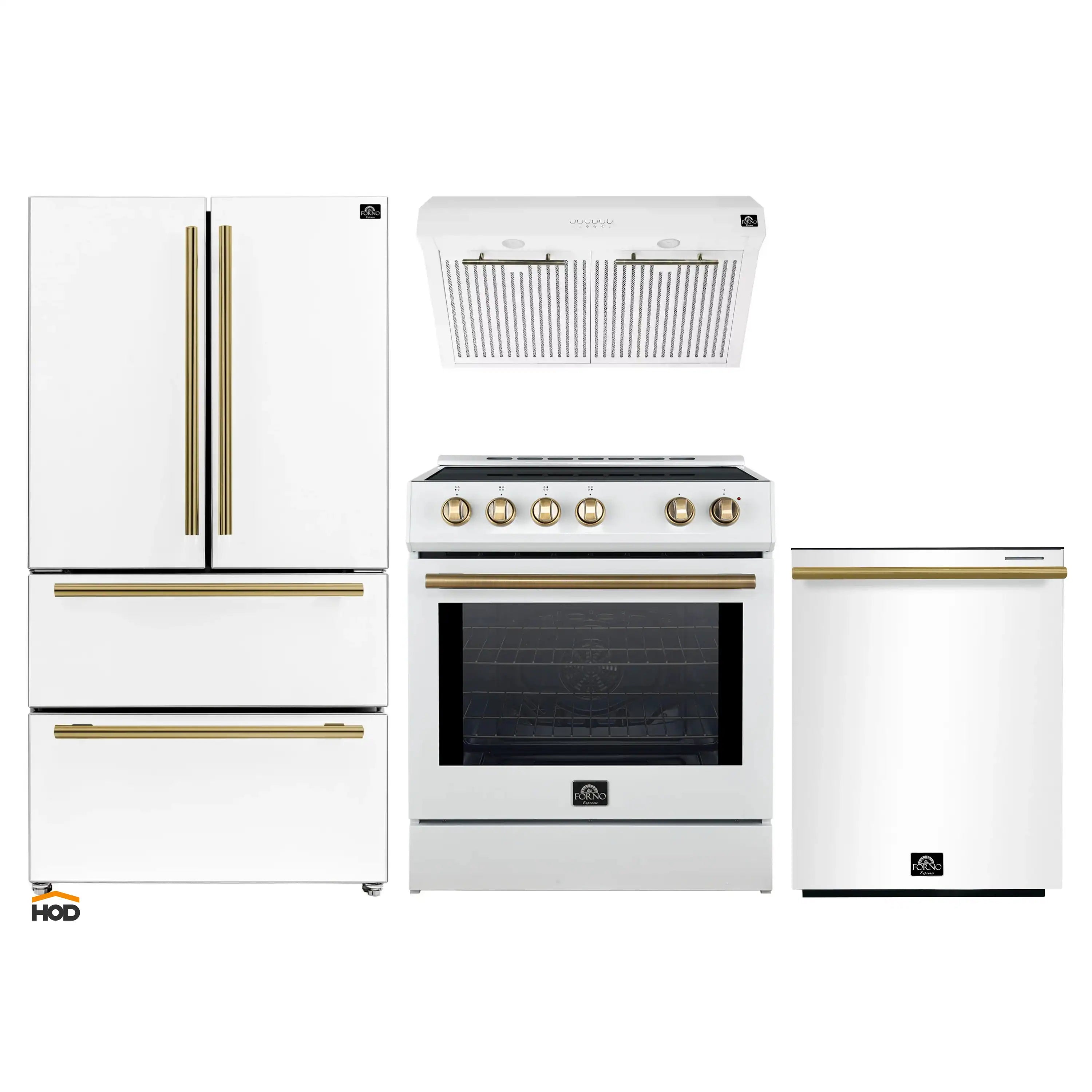 White kitchen appliance set with induction range, hood, refrigerator and dishwasher; antique brass trim