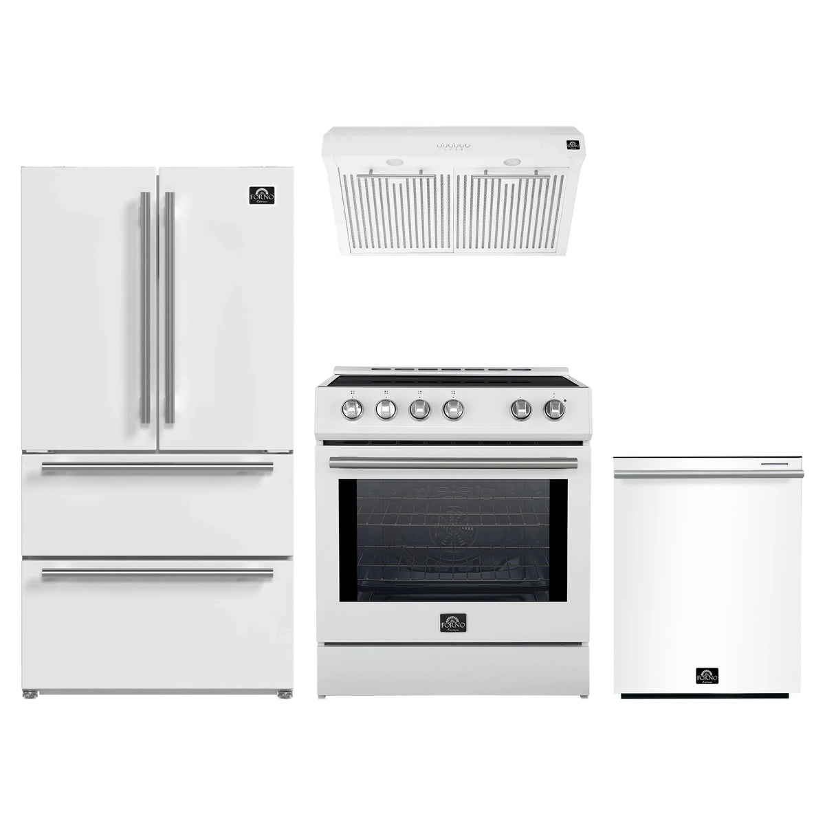 Forno 4-Piece Appliance Package - 30-Inch Induction Range, Under Cabinet Range Hood, French Door Refrigerator, and Dishwasher in White with Stainless Steel Trim