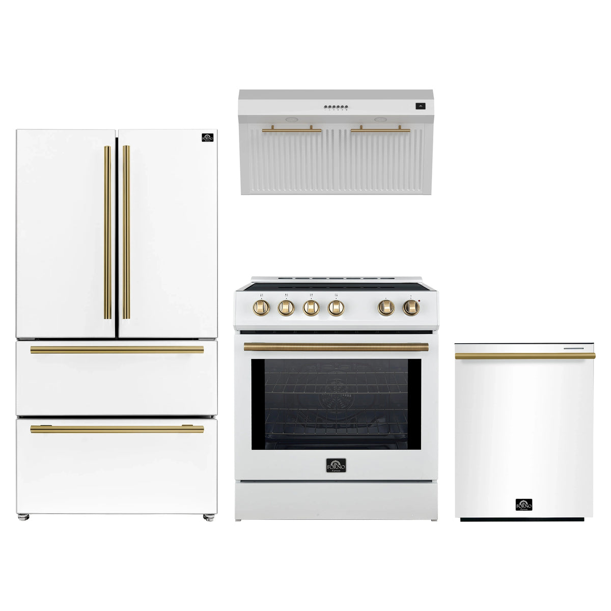 Forno 4-Piece Appliance Package - 30-Inch Induction Range, Under Cabinet Range Hood, French Door Refrigerator, and Dishwasher in White with Antique Brass Trim