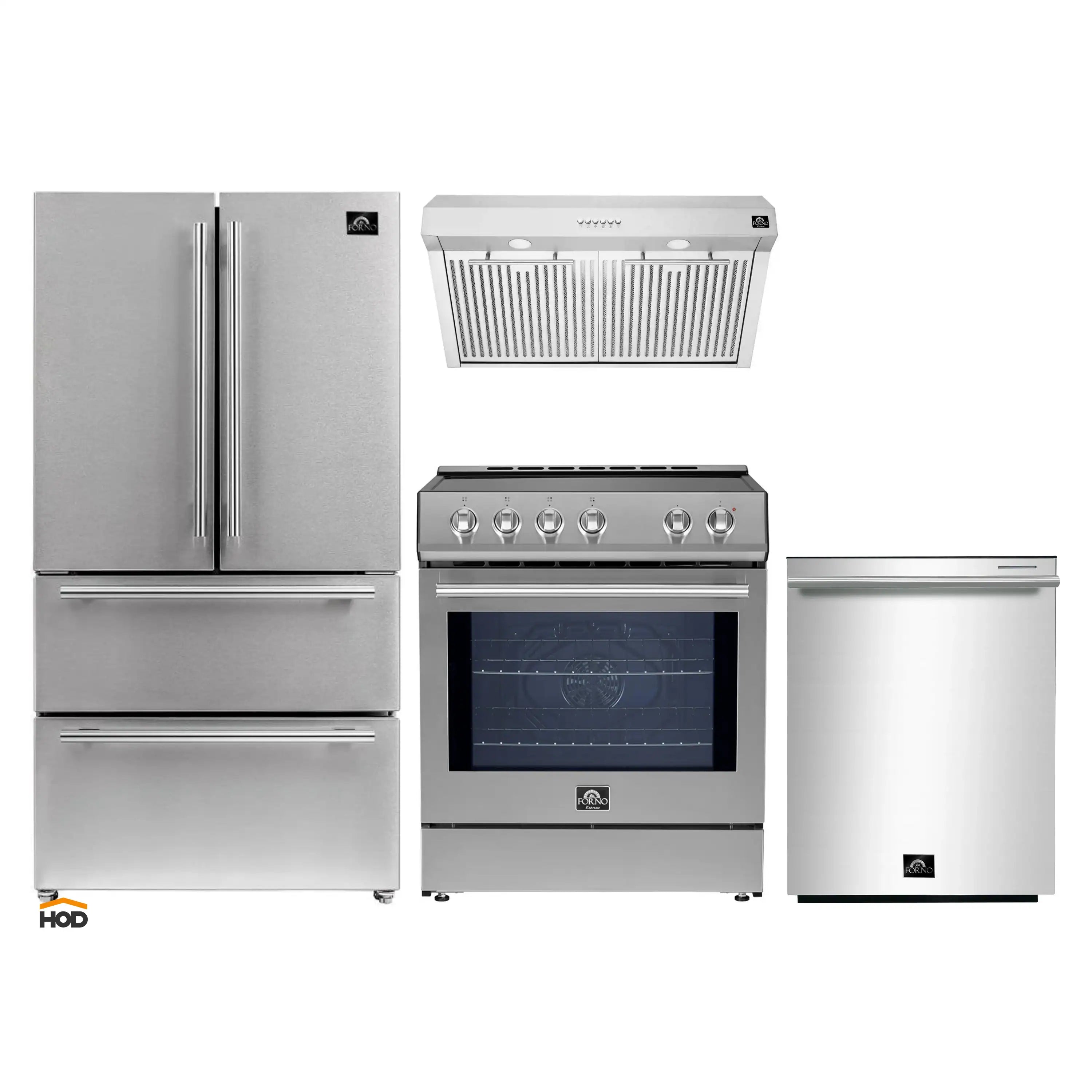 4-piece stainless steel kitchen appliance set: refrigerator, range, hood, and dishwasher