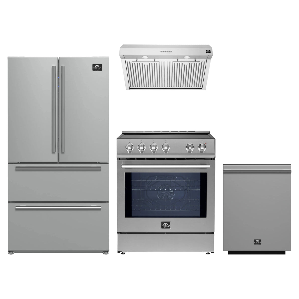 Forno 4-Piece Appliance Package - 30-Inch Induction Range, Under Cabinet Range Hood, French Door Refrigerator, and Dishwasher in Stainless Steel