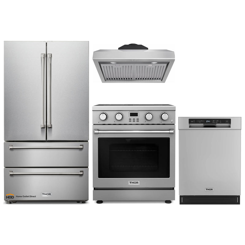 Thor Kitchen A-Series 4-Piece Appliance Package - 30-Inch Electric Range, Under Cabinet Range Hood, Refrigerator, and Dishwasher in Stainless Steel