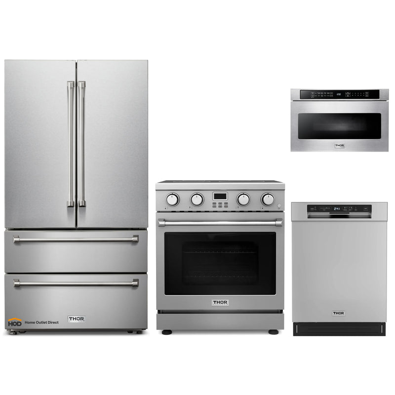 Thor Kitchen A-Series 4-Piece Appliance Package - 30-Inch Electric Range, Refrigerator, Dishwasher, and Microwave in Stainless Steel