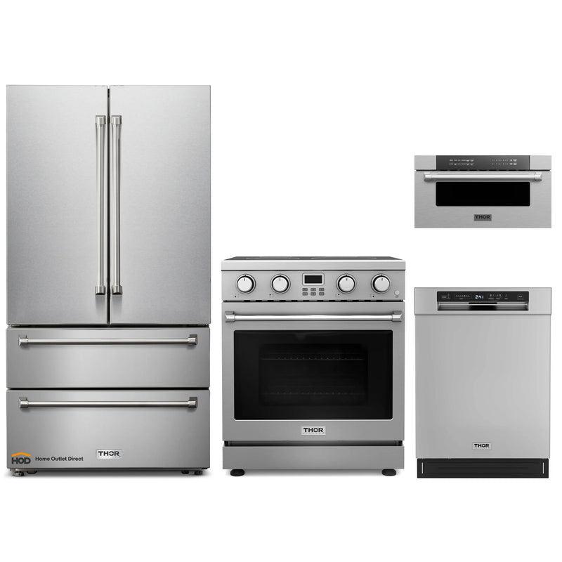 Thor Kitchen A-Series 4-Piece Appliance Package - 30-Inch Electric Range, Refrigerator, Dishwasher and Microwave Drawer in Stainless Steel