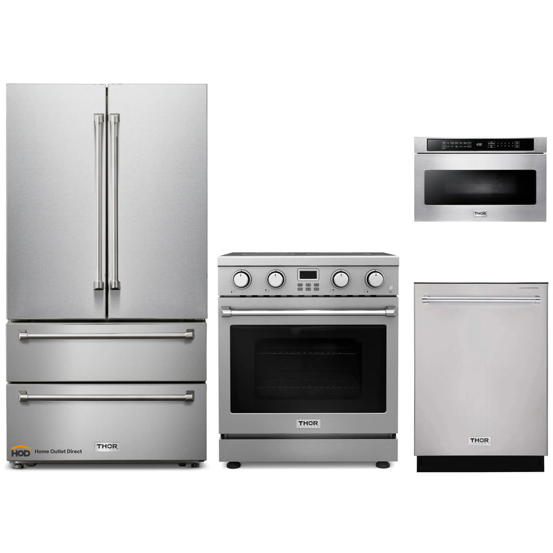 Thor Kitchen A-Series 4-Piece Appliance Package - 30-Inch Electric Range, Refrigerator, Dishwasher, and Microwave in Stainless Steel