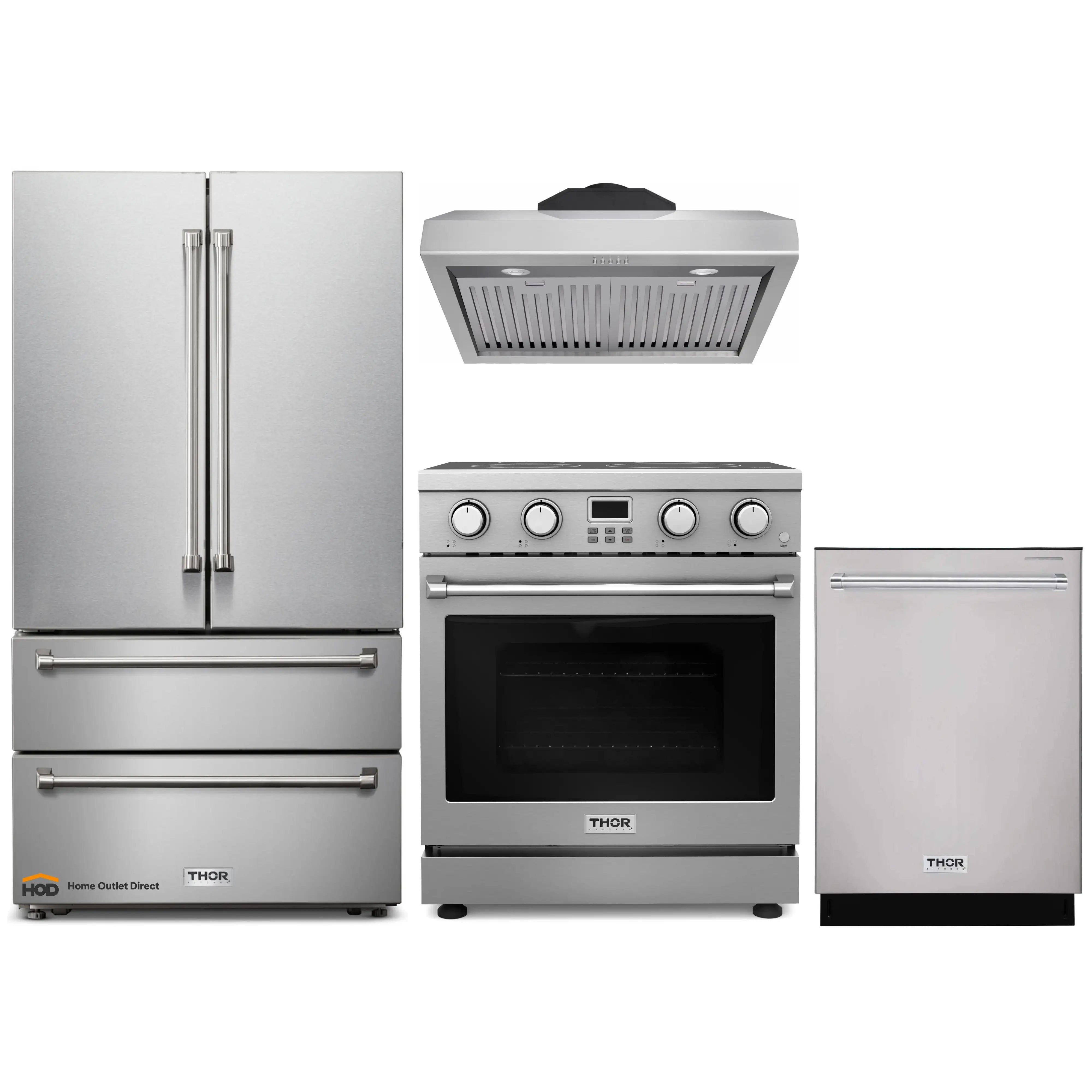 Thor Kitchen 4-Piece Appliance Package - 30-Inch Electric Range, Under Cabinet Range Hood, Refrigerator, and Dishwasher in Stainless Steel