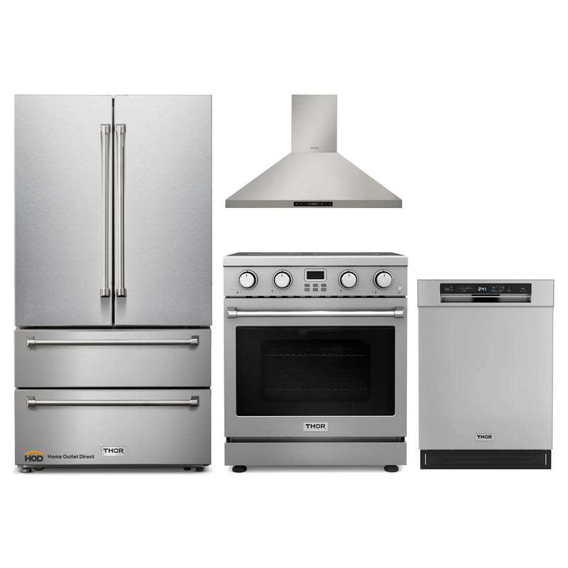 Thor Kitchen A-Series 4-Piece Appliance Package - 30-Inch Electric Range, Wall Mount Range Hood, Refrigerator, and Dishwasher in Stainless Steel