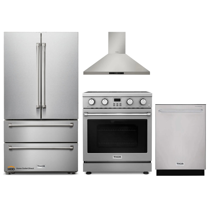 Thor Kitchen A-Series 4-Piece Appliance Package - 30-Inch Electric Range, Wall Mount Range Hood, Refrigerator, and Dishwasher in Stainless Steel