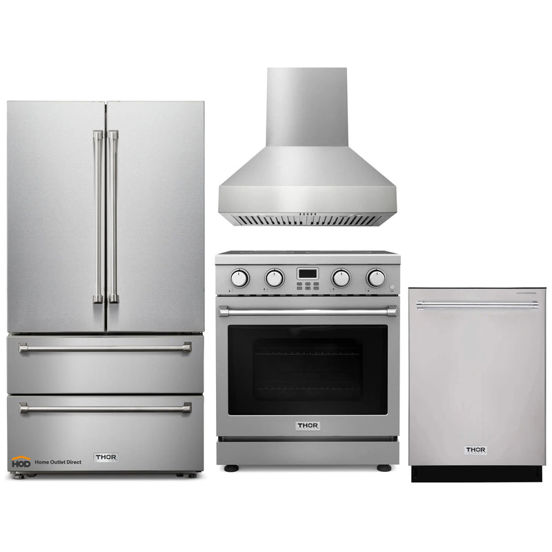 Thor Kitchen 4-Piece Appliance Package - 30-Inch Electric Range, Pro-Style Wall Mount Range Hood, Refrigerator, and Dishwasher in Stainless Steel