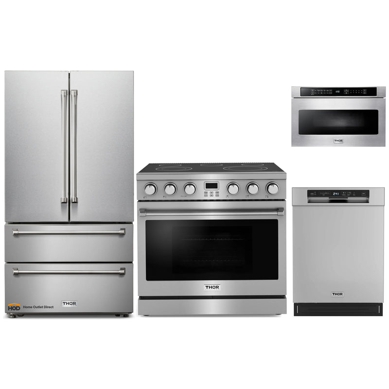 Thor Kitchen A-Series 4-Piece Appliance Package - 36-Inch Electric Range, Refrigerator, Dishwasher, and Microwave in Stainless Steel