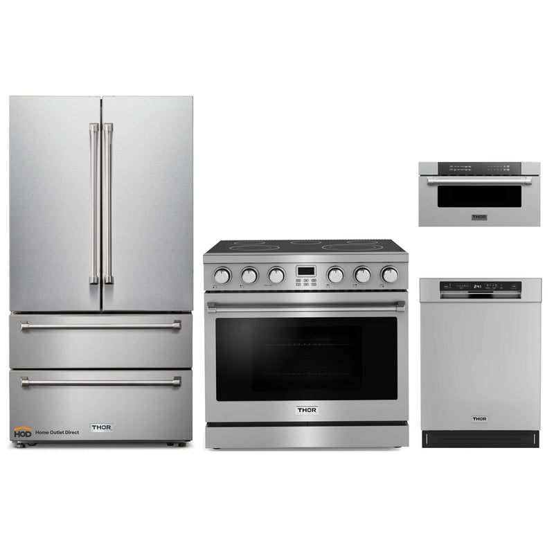 Thor Kitchen A-Series 4-Piece Appliance Package - 36-Inch Electric Range, Refrigerator, Dishwasher and Microwave Drawer in Stainless Steel