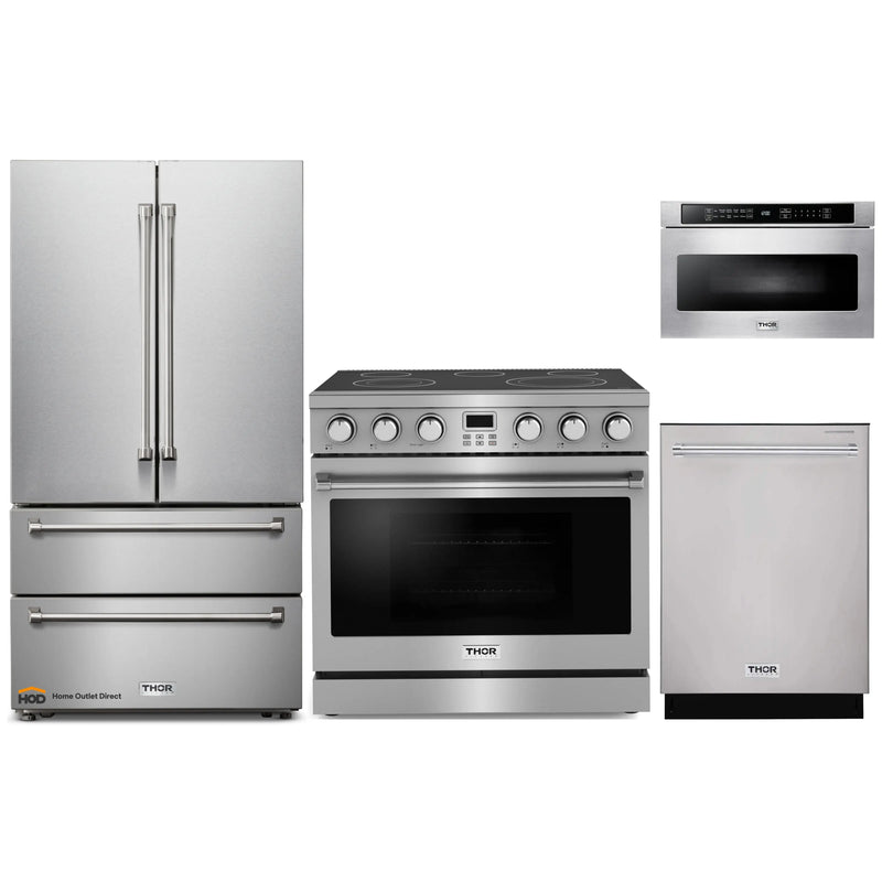 Thor Kitchen A-Series 4-Piece Appliance Package - 36-Inch Electric Range, Refrigerator, Dishwasher, and Microwave in Stainless Steel