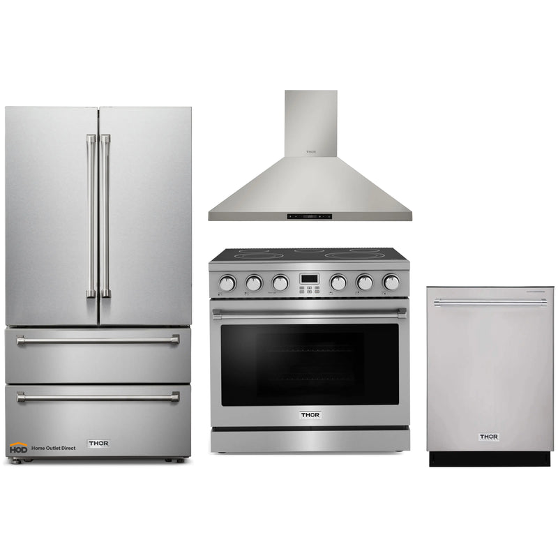 Thor Kitchen A-Series 4-Piece Appliance Package - 36-Inch Electric Range, Wall Mount Range Hood, Refrigerator, and Dishwasher in Stainless Steel