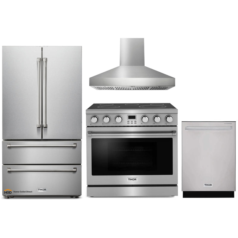 Thor Kitchen 4-Piece Appliance Package - 36-Inch Electric Range, Pro-Style Wall Mount Range Hood, Refrigerator, and Dishwasher in Stainless Steel