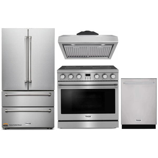 Thor Kitchen 4-Piece Appliance Package - 36-Inch Electric Range, Under Cabinet Range Hood, Refrigerator, and Dishwasher in Stainless Steel