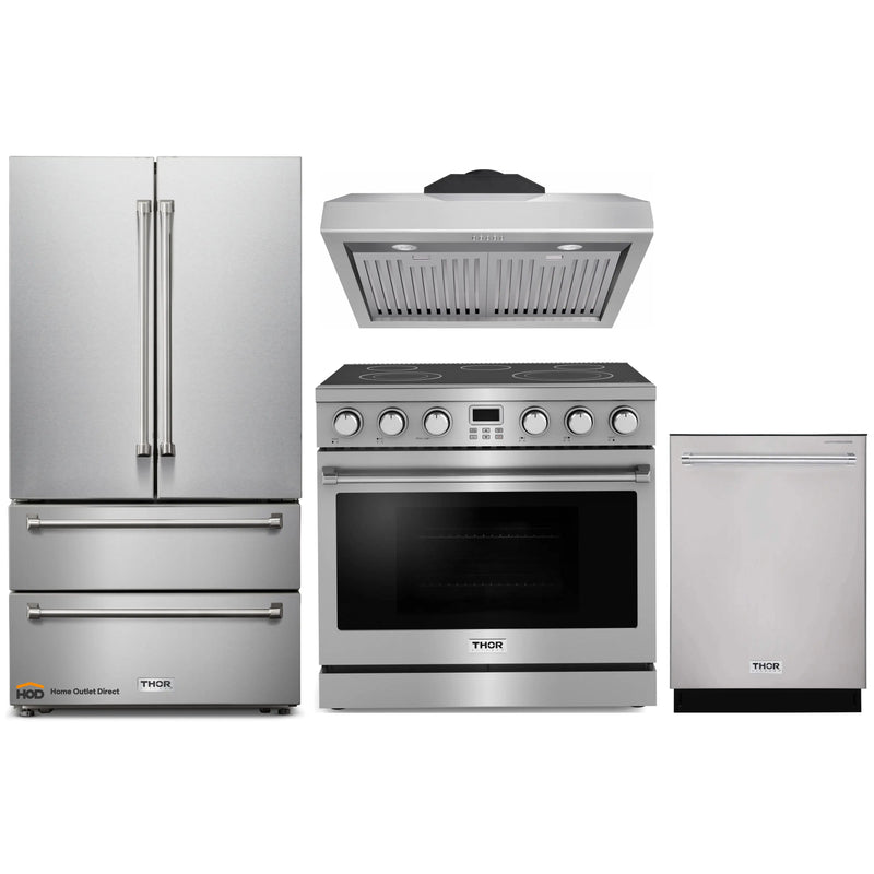 Thor Kitchen A-Series 4-Piece Appliance Package - 36-Inch Electric Range, Under Cabinet Range Hood, Refrigerator, and Dishwasher in Stainless Steel