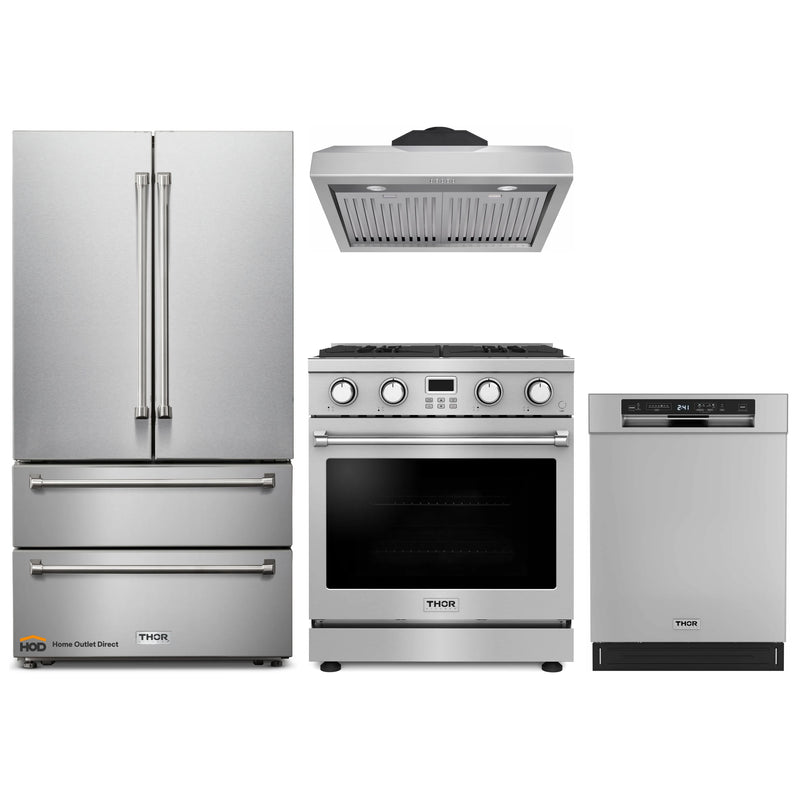 Thor Kitchen A-Series 4-Piece Appliance Package - 30-Inch Gas Range, Under Cabinet Range Hood, Refrigerator, and Dishwasher in Stainless Steel