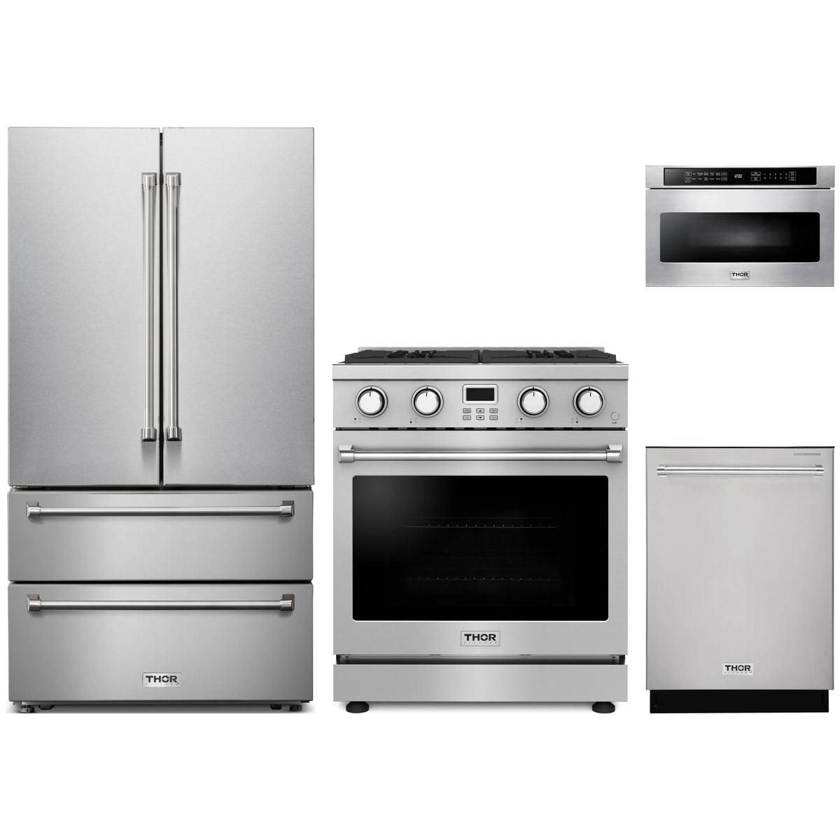 Stainless kitchen appliance package: fridge, propane range with microwave, and dishwasher