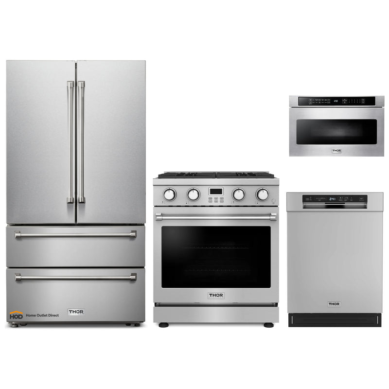 Thor Kitchen A-Series 4-Piece Appliance Package - 30-Inch Gas Range, Refrigerator, Dishwasher, and Microwave Drawer in Stainless Steel