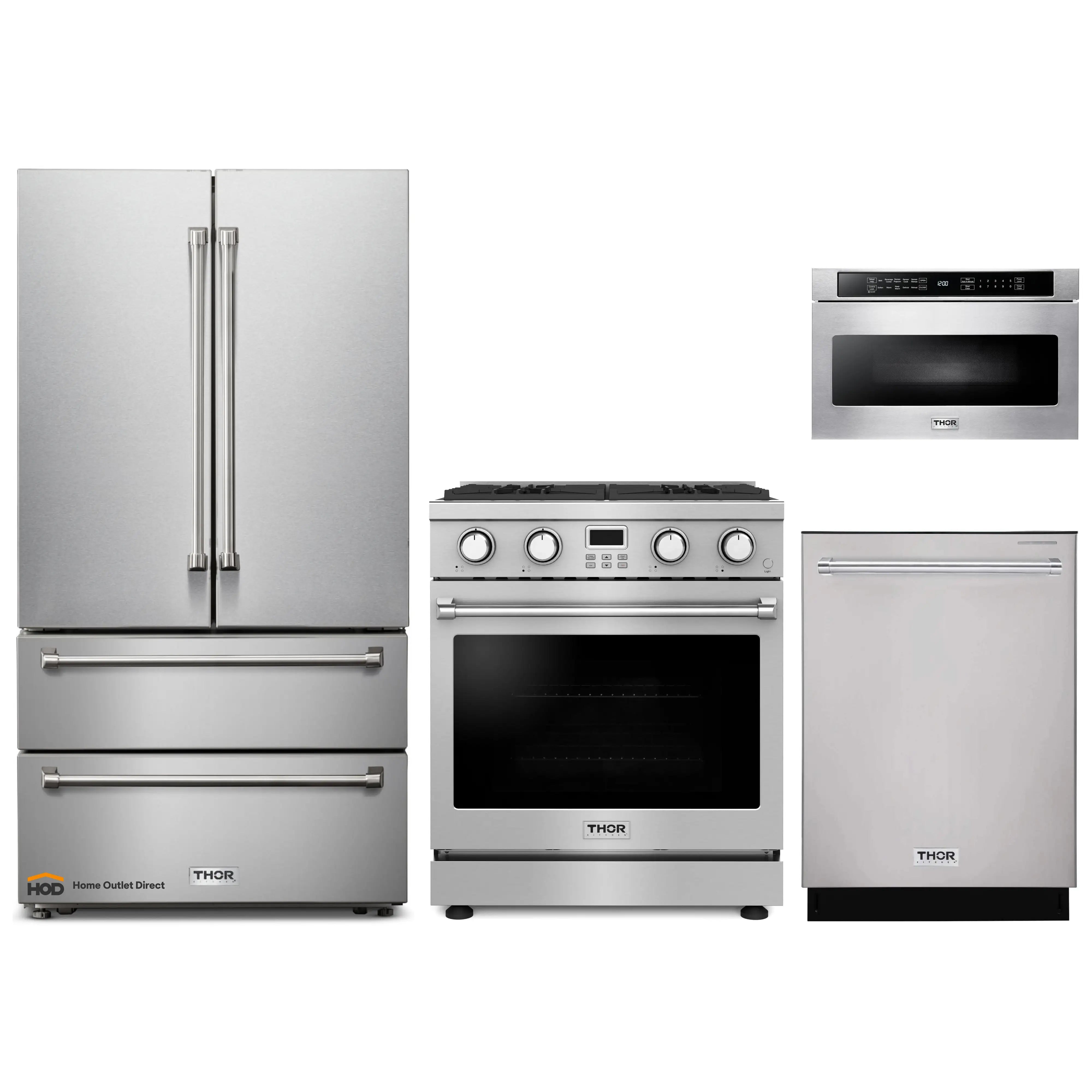 Thor Kitchen A-Series 4-Piece Appliance Package - 30-Inch Gas Range, Refrigerator, Dishwasher, and Microwave in Stainless Steel