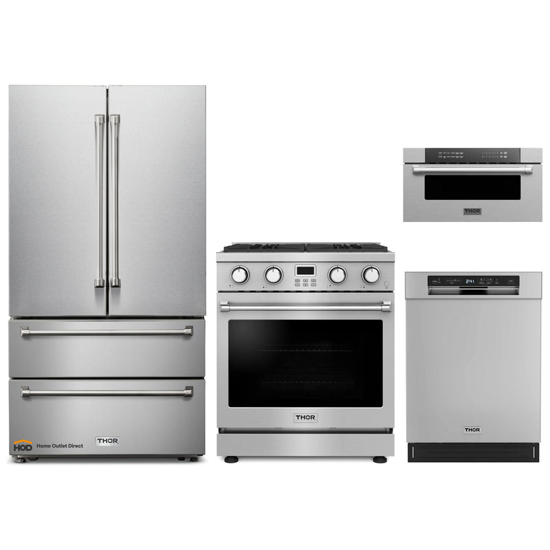 Thor Kitchen A-Series 4-Piece Appliance Package - 30-Inch Gas Range, Refrigerator,  Dishwasher and Microwave Drawer in Stainless Steel