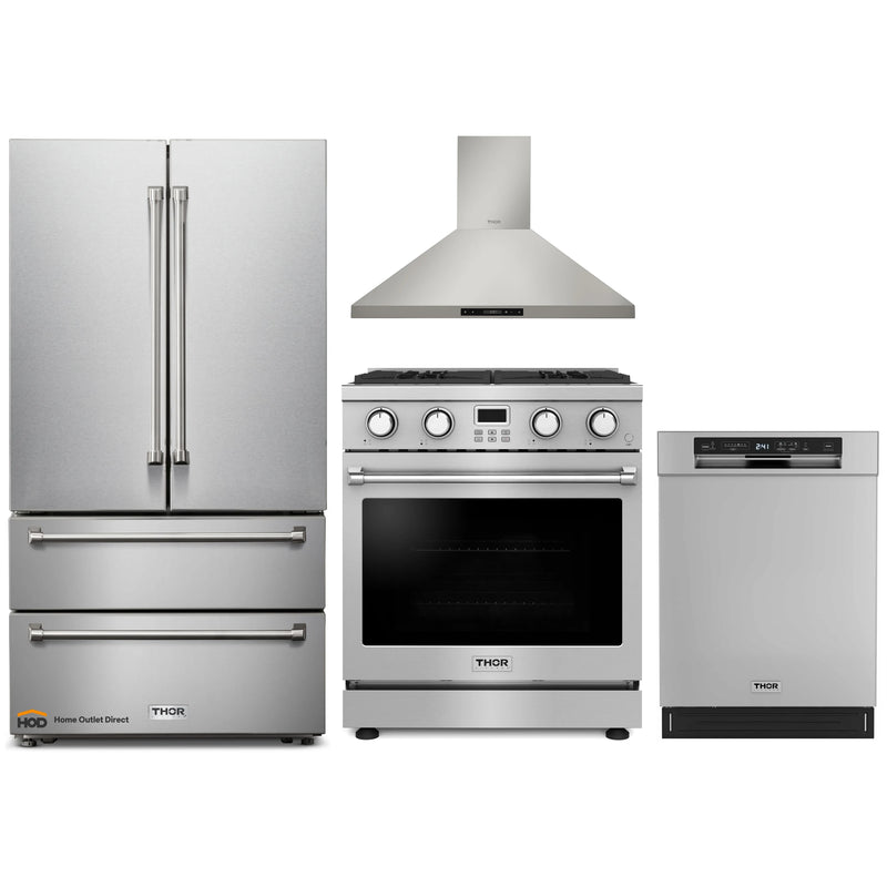 Thor Kitchen A-Series 4-Piece Appliance Package - 30-Inch Gas Range, Wall Mount Range Hood, Refrigerator, and Dishwasher in Stainless Steel