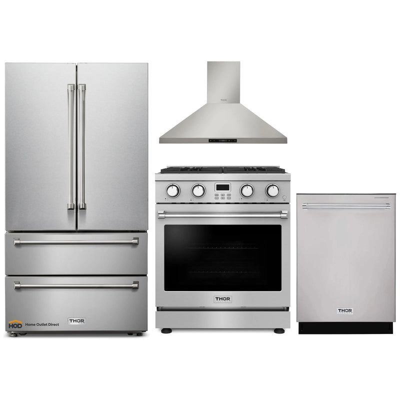 Thor Kitchen A-Series 4-Piece Appliance Package - 30-Inch Gas Range, Wall Mount Range Hood, Refrigerator, and Dishwasher in Stainless Steel