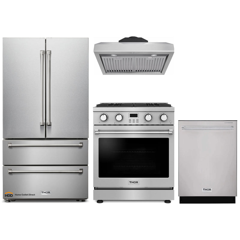 Thor Kitchen A-Series 4-Piece Appliance Package - 30-Inch Gas Range, Under Cabinet Range Hood, Refrigerator, and Dishwasher in Stainless Steel