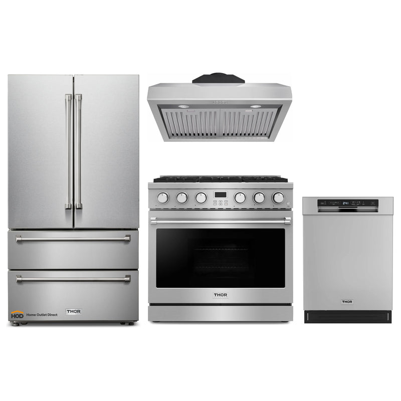 Thor Kitchen A-Series 4-Piece Appliance Package - 36-Inch Gas Range, Under Cabinet Range Hood, Refrigerator, and Dishwasher in Stainless Steel