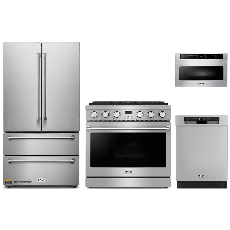 Thor Kitchen A-Series 4-Piece Appliance Package - 36-Inch Gas Range, Refrigerator, Dishwasher, and Microwave in Stainless Steel