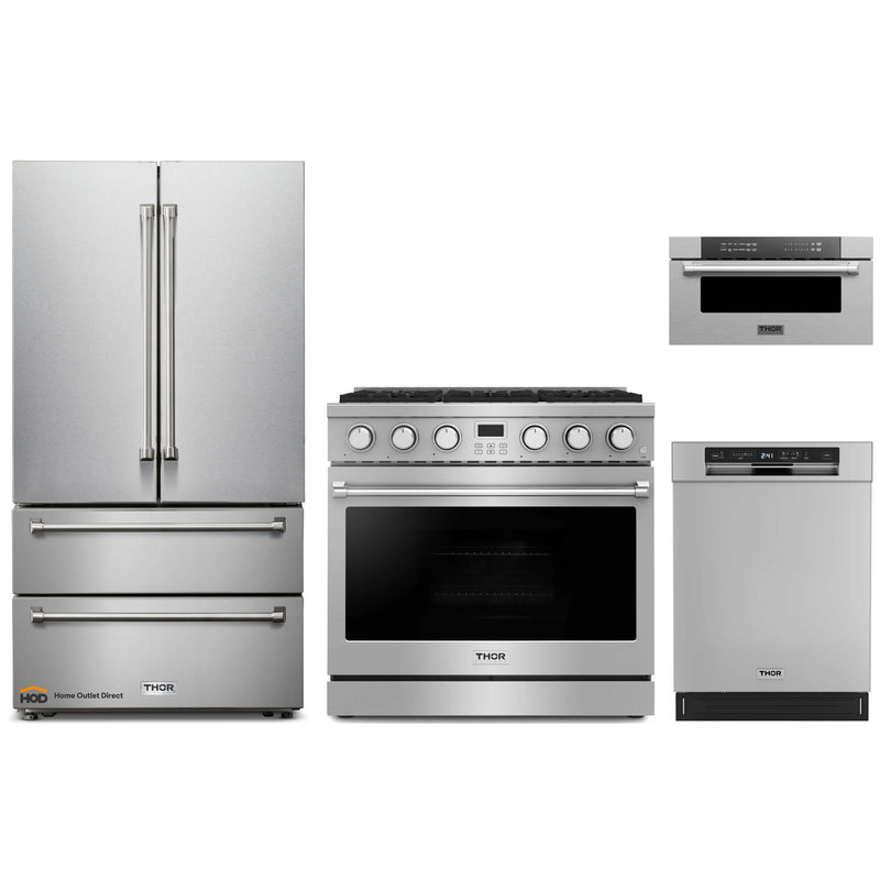 Thor Kitchen A-Series 4-Piece Appliance Package - 36-Inch Gas Range, Refrigerator with Water Dispenser, Dishwasher, Microwave Drawer in Stainless Steel