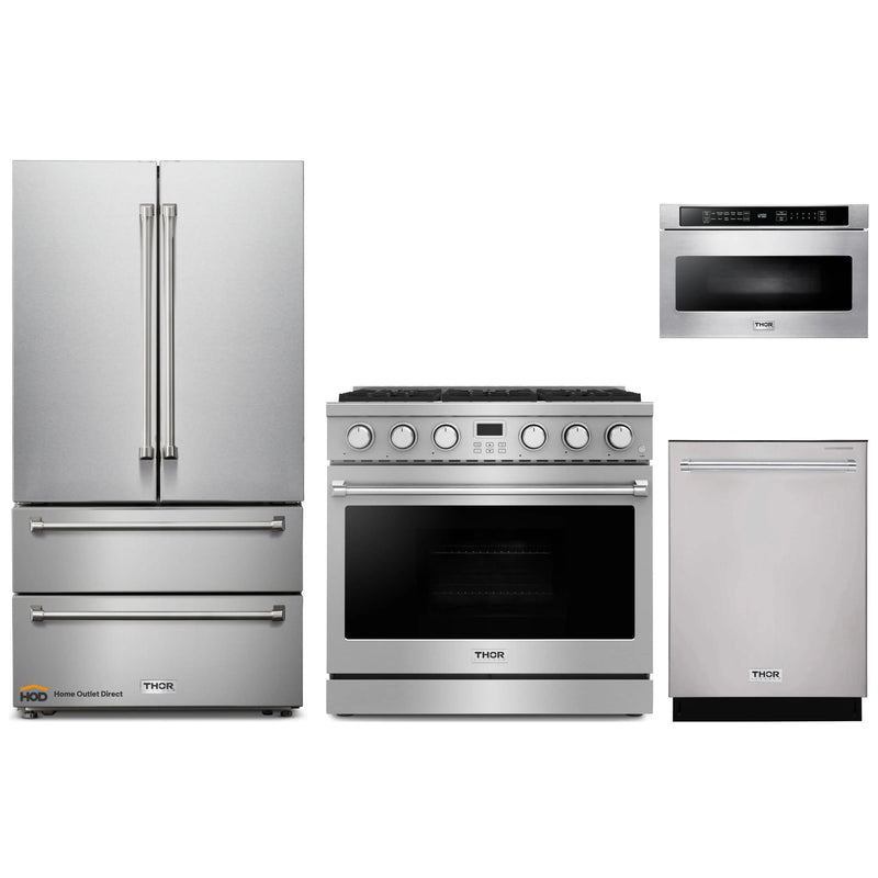 Thor Kitchen A-Series 4-Piece Appliance Package - 36-Inch Gas Range, Refrigerator, Dishwasher, and Microwave in Stainless Steel