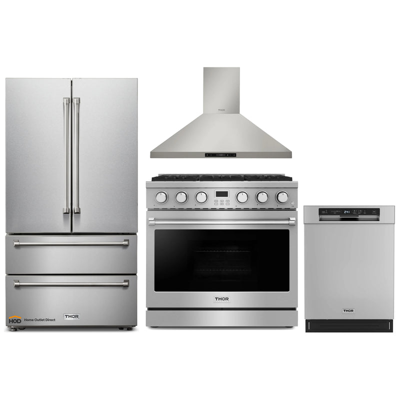 Thor Kitchen A-Series 4-Piece Appliance Package - 36-Inch Gas Range, Wall Mount Range Hood, Refrigerator, and Dishwasher in Stainless Steel