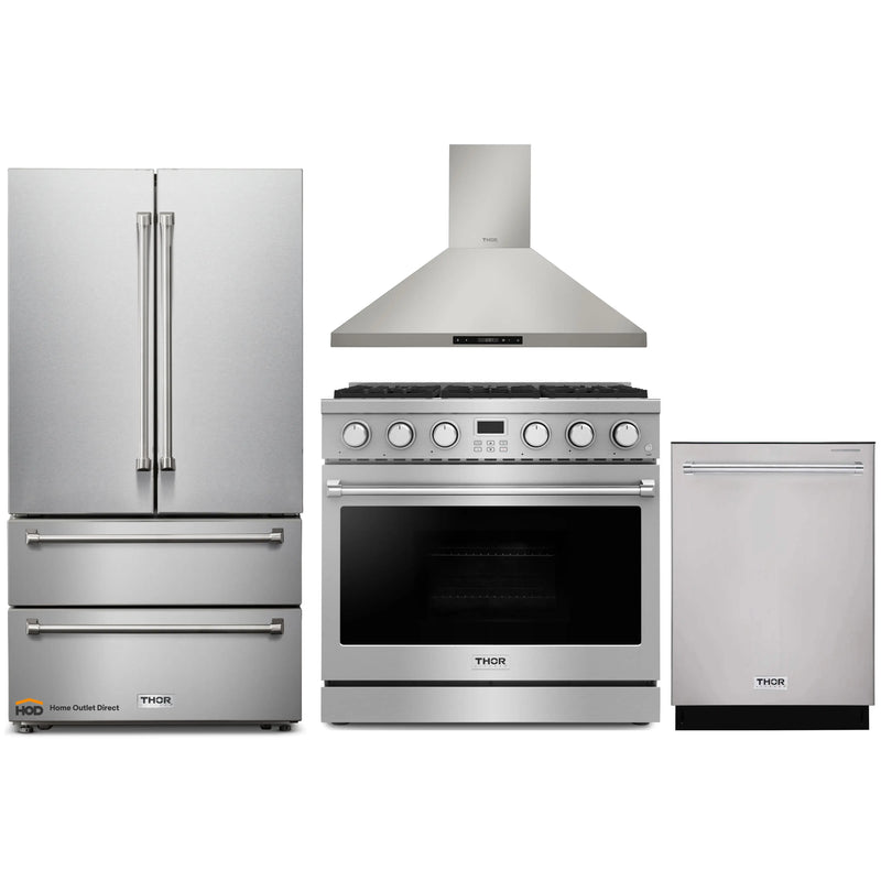 Thor Kitchen A-Series 4-Piece Appliance Package - 36-Inch Gas Range, Wall Mount Range Hood, Refrigerator, and Dishwasher in Stainless Steel