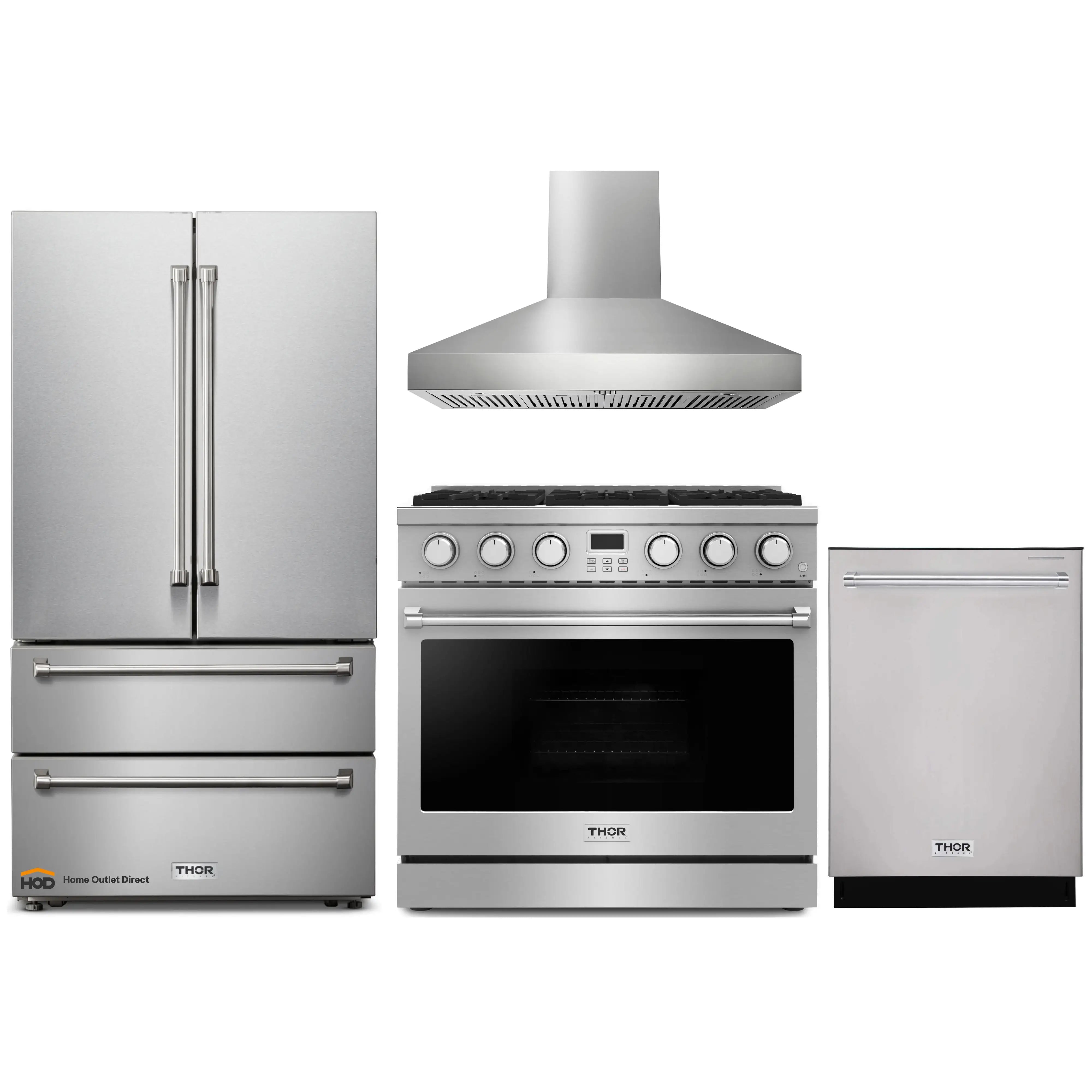 Thor Kitchen A-Series 4-Piece Appliance Package - 36-Inch Gas Range, Pro-Style Wall Mount Range Hood, Refrigerator, and Dishwasher in Stainless Steel