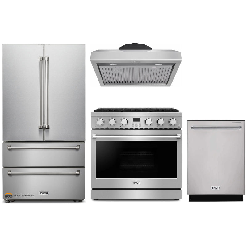 Thor Kitchen A-Series 4-Piece Appliance Package - 36-Inch Gas Range, Under Cabinet Range Hood, Refrigerator, and Dishwasher in Stainless Steel