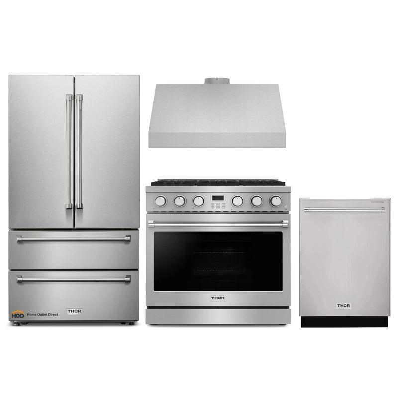 Thor Kitchen A-Series 4-Piece Appliance Package - 36-Inch Gas Range, Under Cabinet Range Hood, Refrigerator, and Dishwasher in Stainless Steel