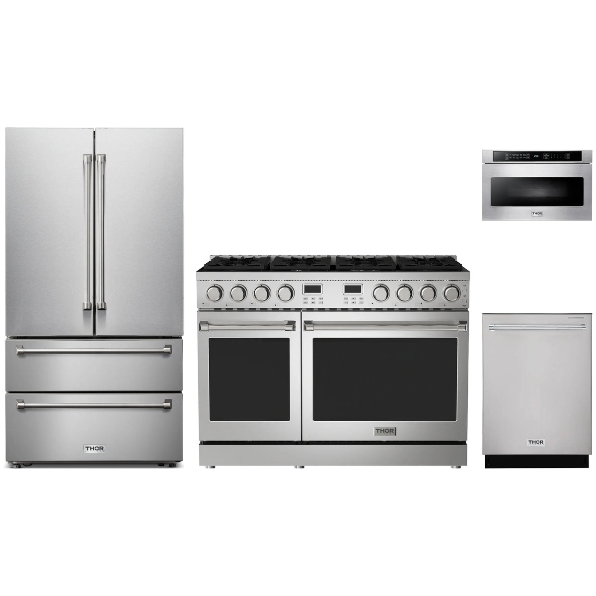 Stainless steel kitchen appliance package with refrigerator, gas range, dishwasher, microwave