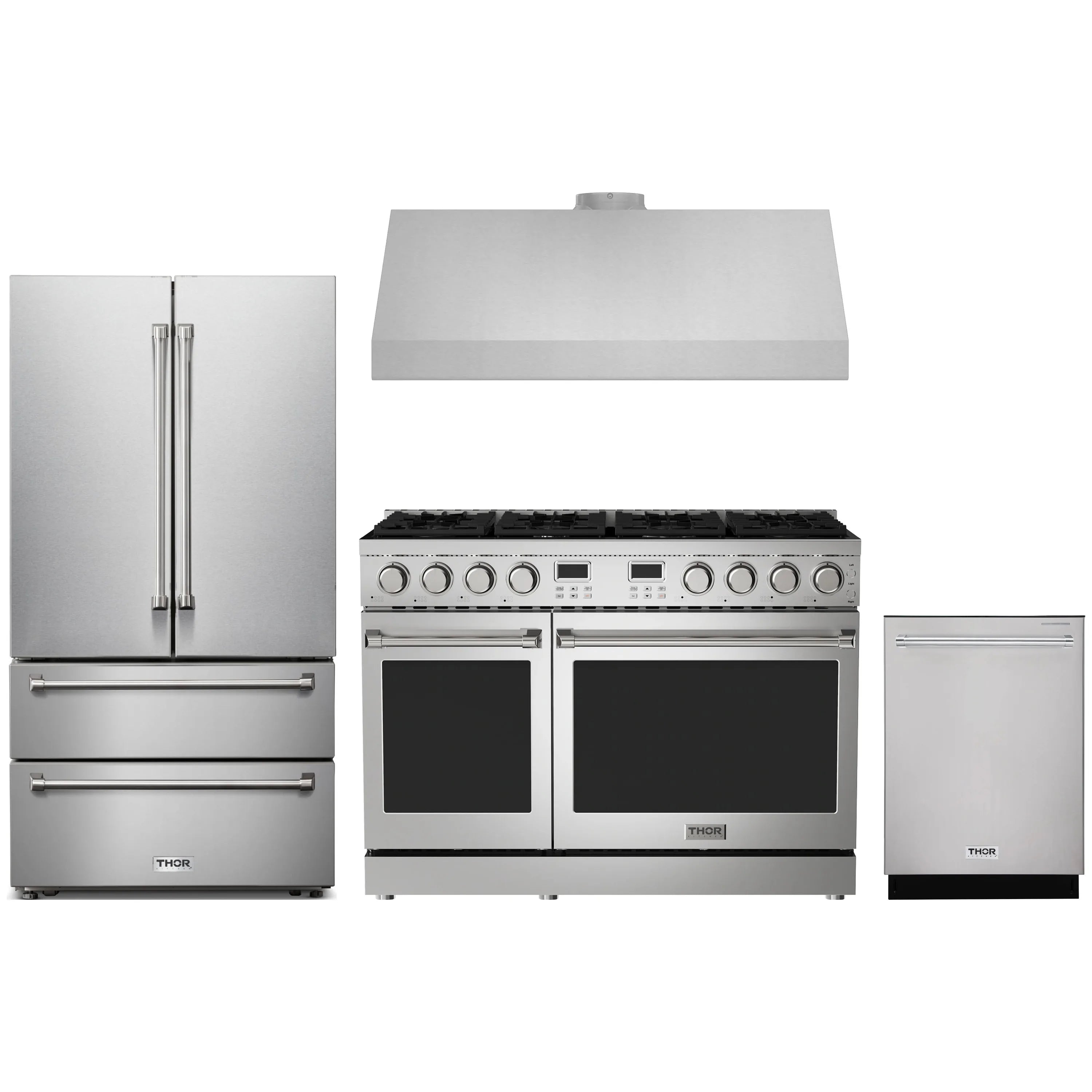 Stainless steel appliance package with fridge, 48-in propane range, dishwasher, range hood