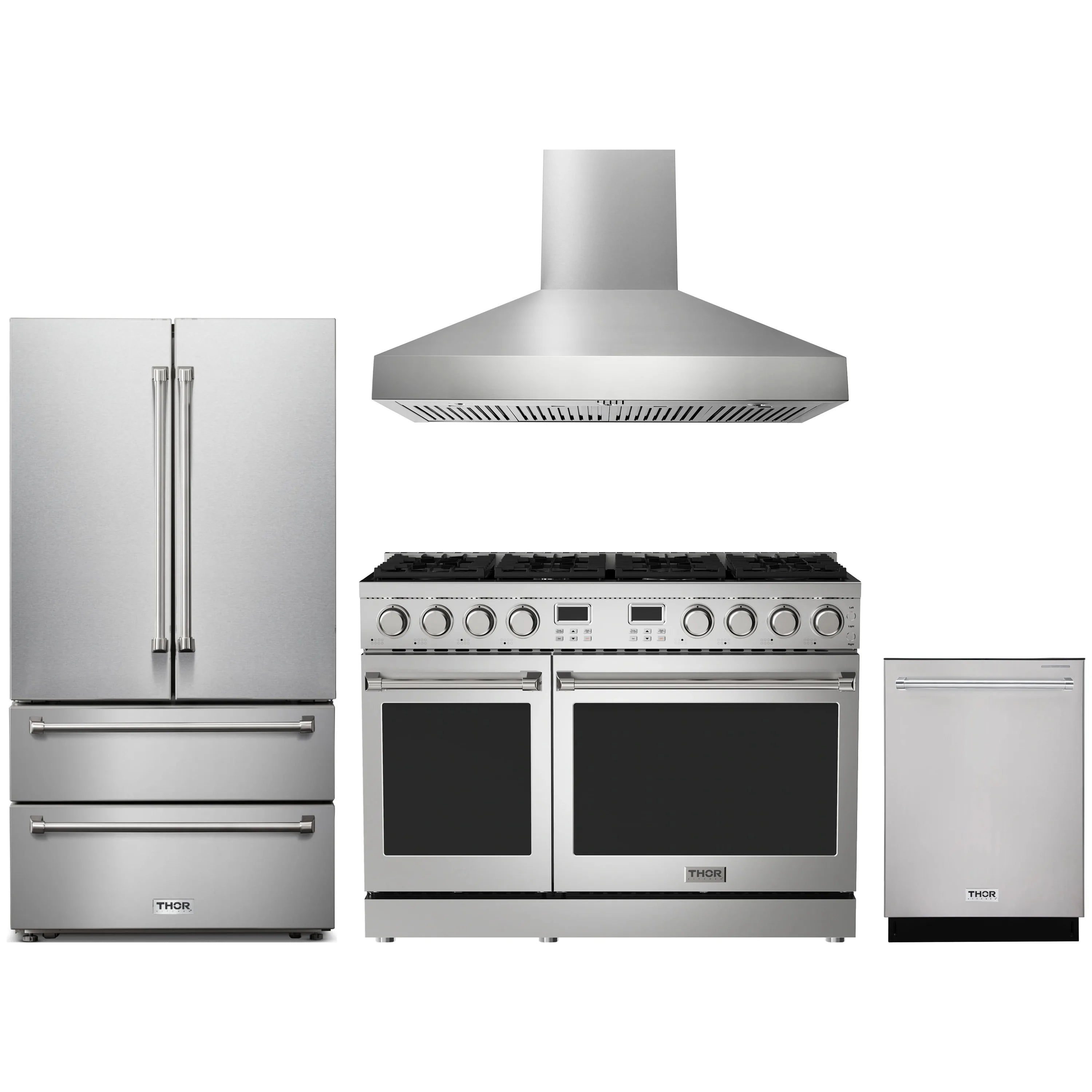 Stainless steel 4-piece kitchen appliance package with gas range, wall hood, fridge, dishwasher