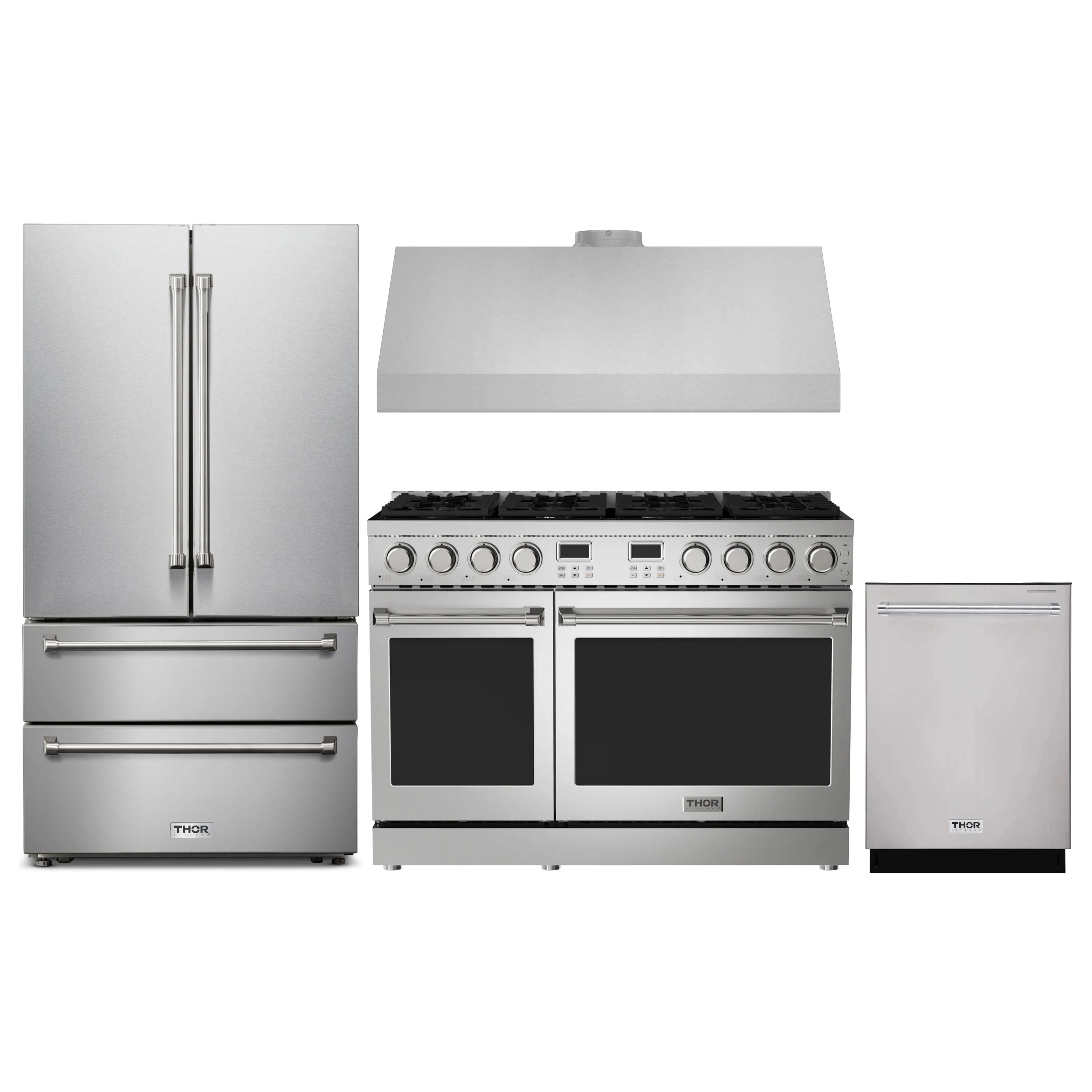 Stainless steel kitchen appliance package: fridge, gas range, hood, and dishwasher