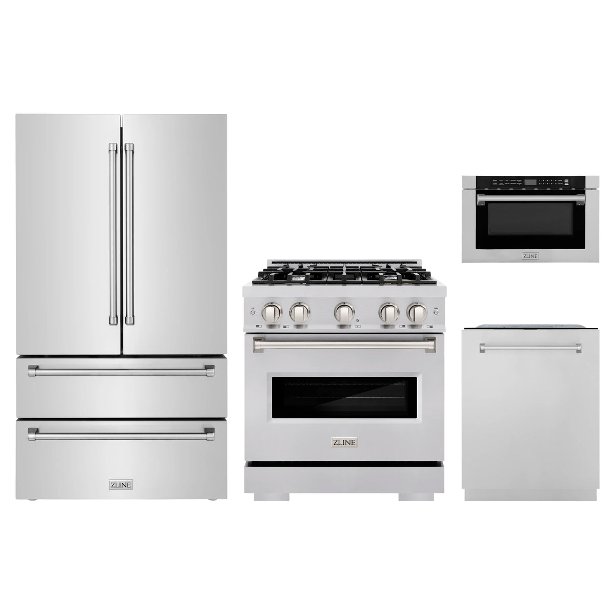 ZLINE 4-Piece Appliance Package - 30-Inch Classic Dual Fuel Range, Refrigerator, Dishwasher, and 24-Inch Microwave Drawer in Stainless Steel