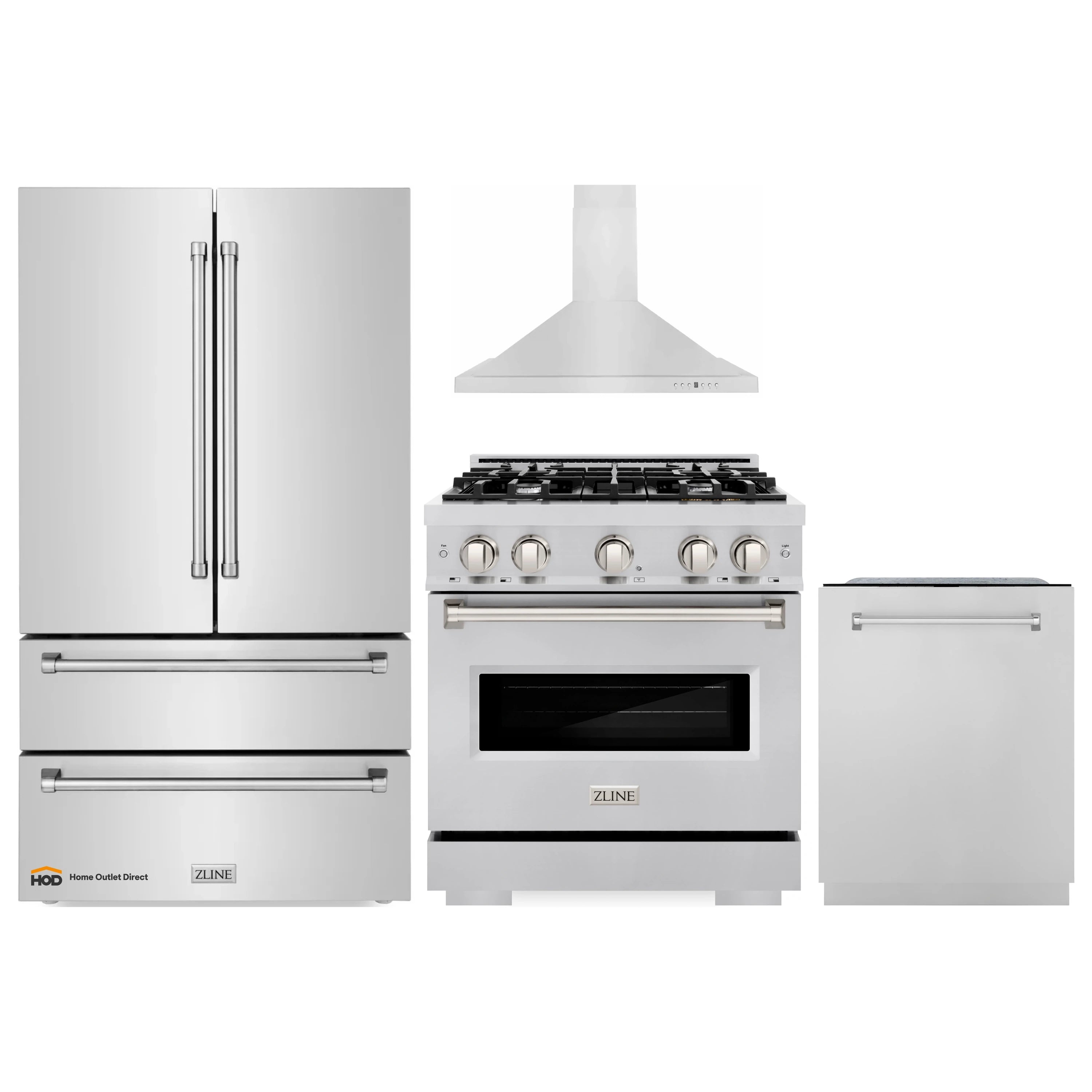 Stainless steel appliance package with range, hood, refrigerator, and dishwasher