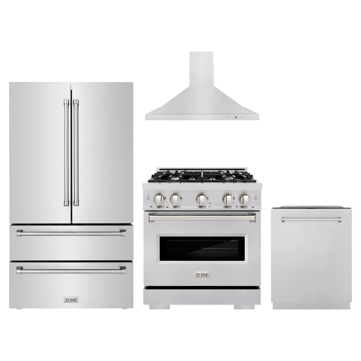 ZLINE 4-Piece Appliance Package - 30-Inch Dual Fuel Range, Hood, Refrigerator, and Dishwasher in Stainless Steel