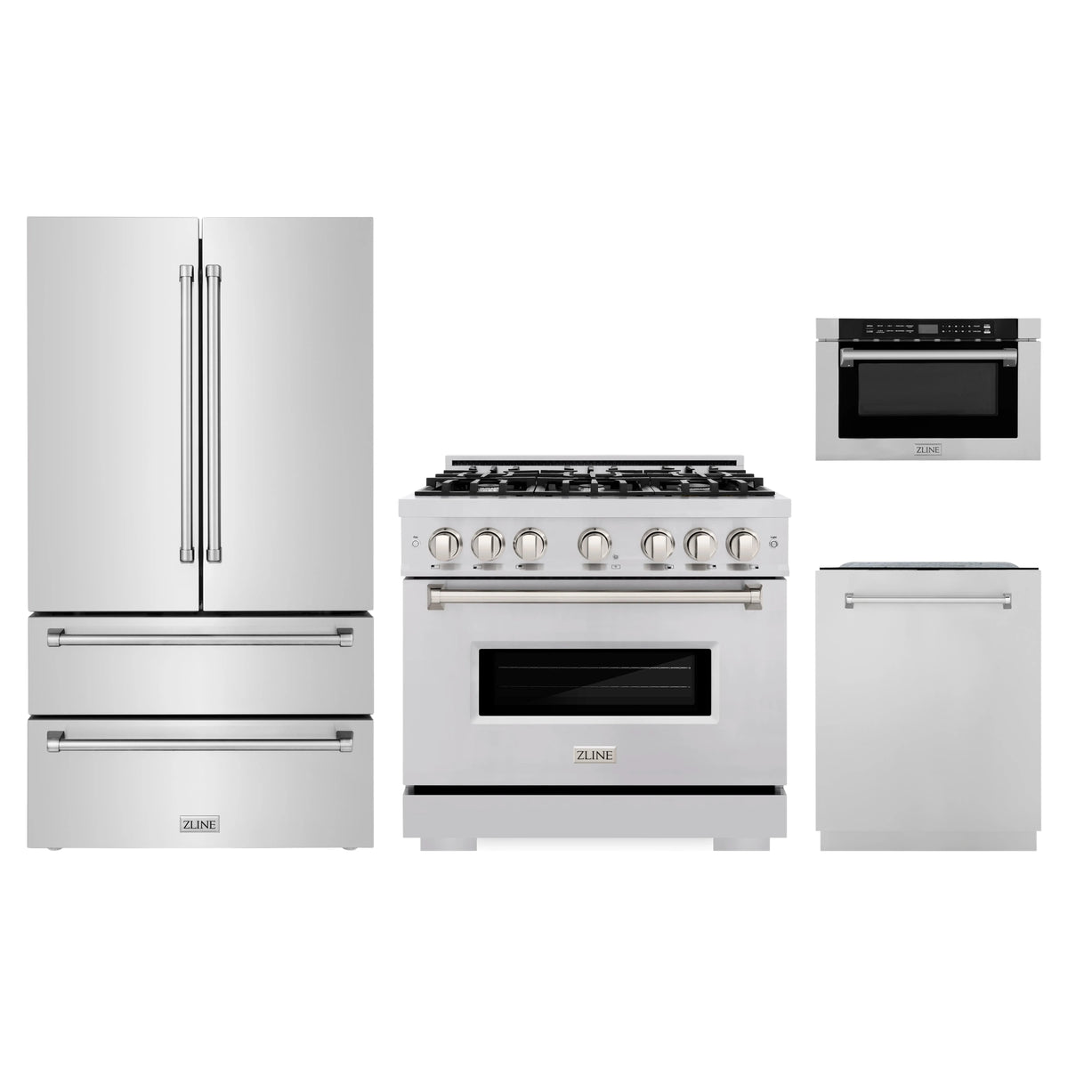 ZLINE 4-Piece Appliance Package - 36-Inch Classic Dual Fuel Range, Refrigerator, Dishwasher, and 24-Inch Microwave Drawer in Stainless Steel