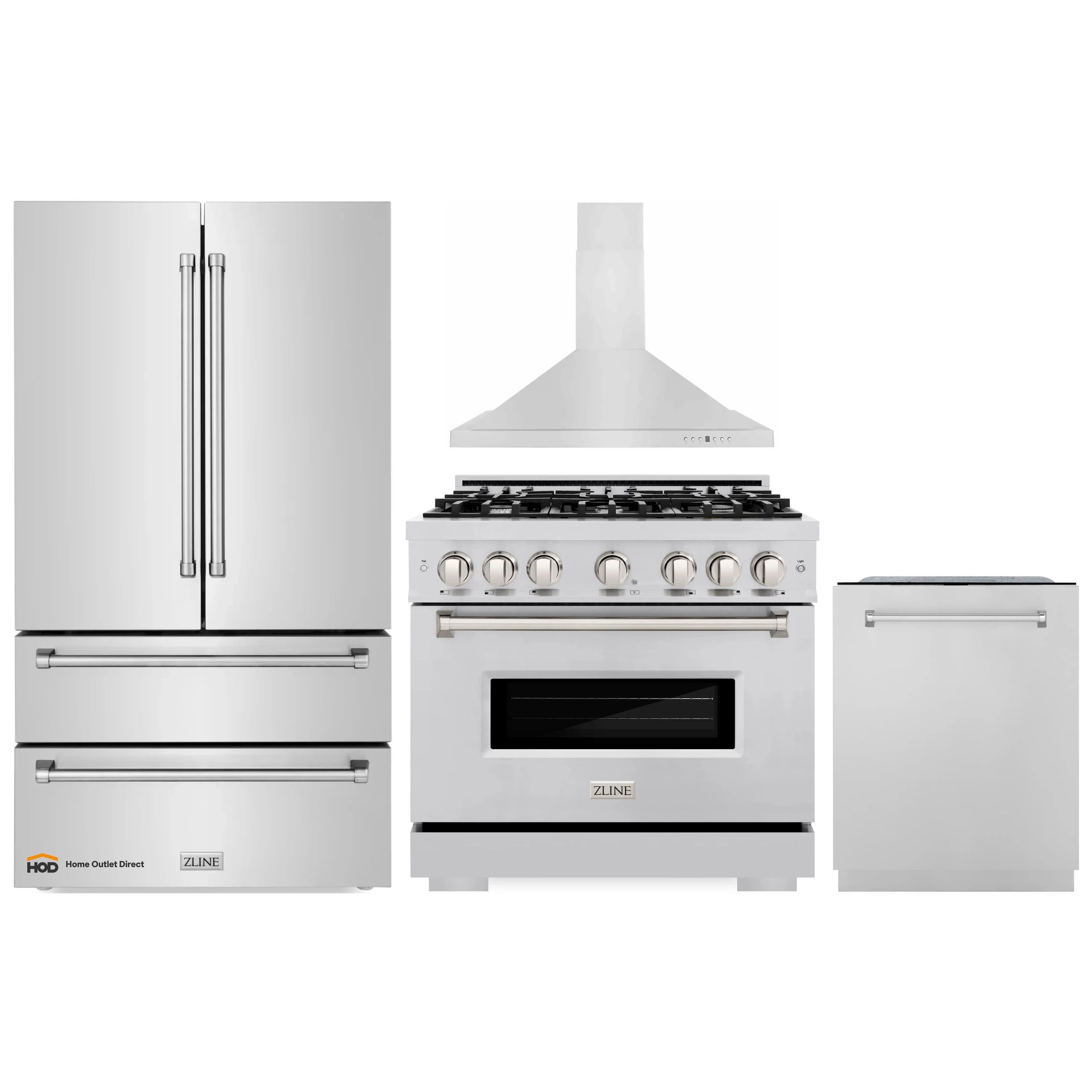 Stainless kitchen appliance package with dishwasher, range, hood, and refrigerator