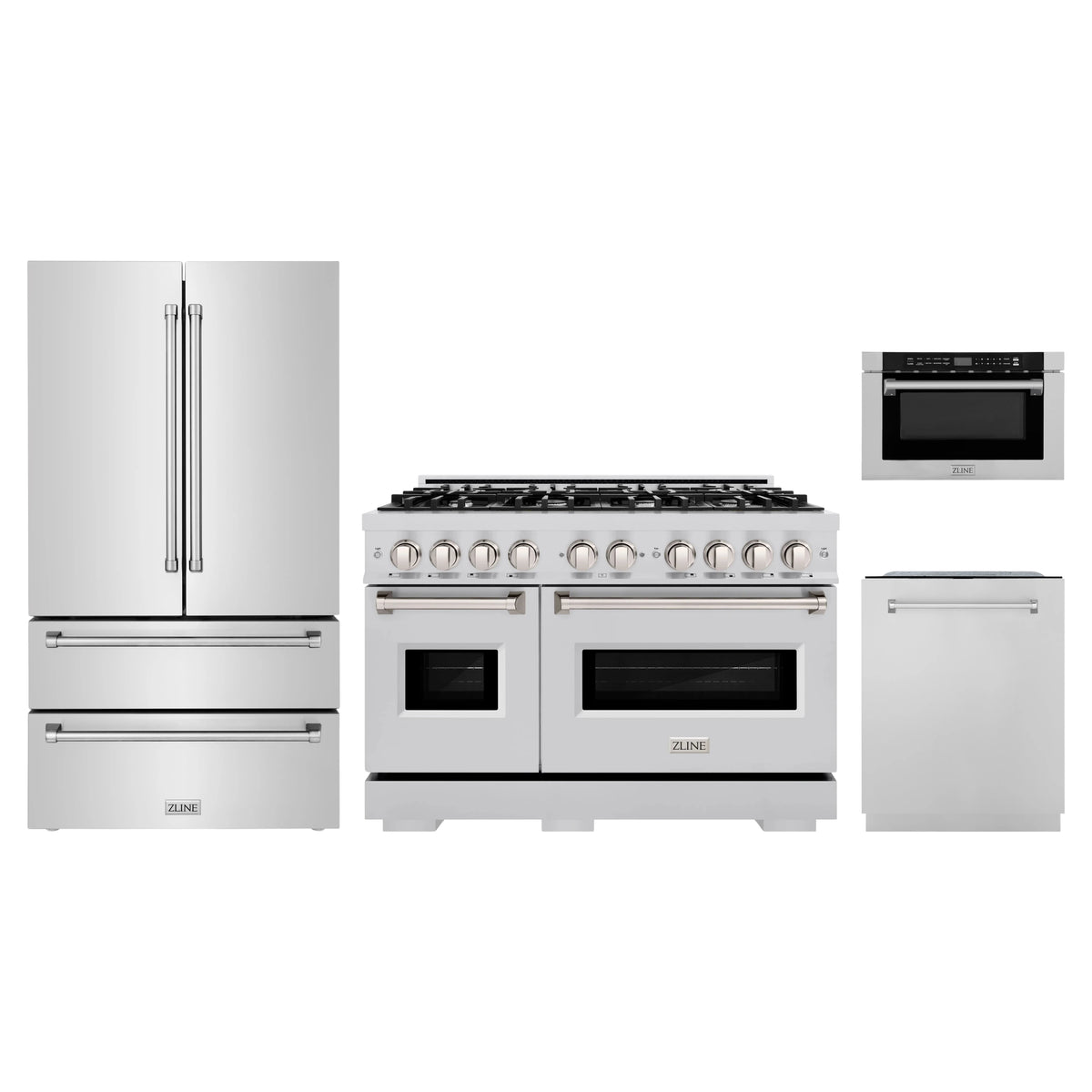 ZLINE 4-Piece Appliance Package - 48-Inch Classic Dual Fuel Range, Refrigerator, Dishwasher, and 24-Inch Microwave Drawer in Stainless Steel